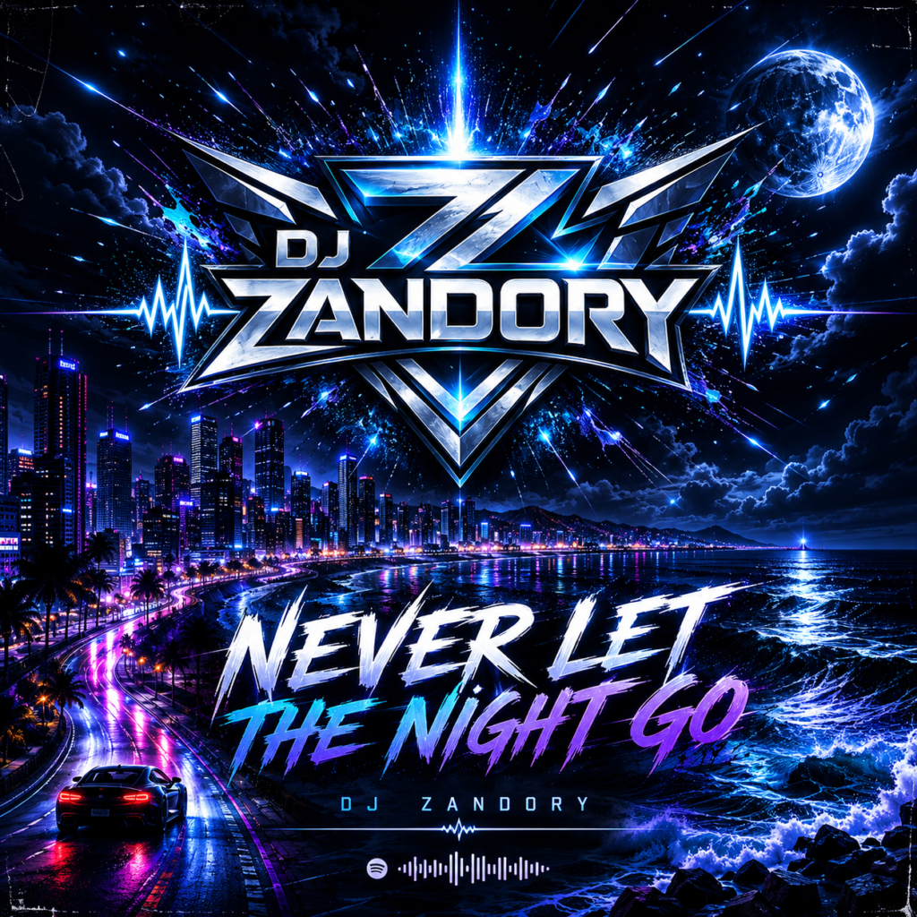 Never Let The Night Go by Zandory — neon blue coastal city cover artwork