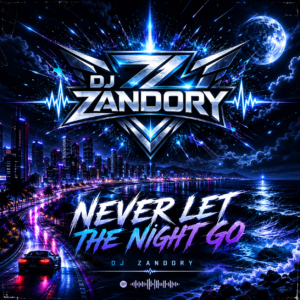 Never Let The Night Go by Zandory — neon blue coastal city cover artwork